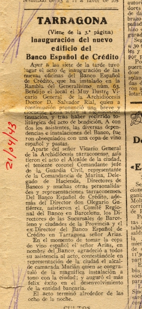 Anuncio en el diario del 21-04-43. Inaguracion Tarragona, OP 20-04-43