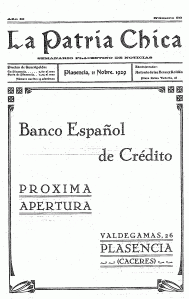 Anuncio en La Patria Chica. Apertura Banesto en Plasencia. 11-11-1929