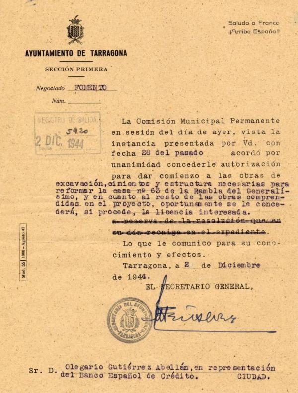 Autorización Ayto para obras en Tarragona OP. 1944