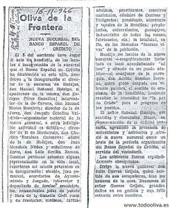 Diario Hoy de Extremadura. Inauguración sucursal Olica de la Frontera (Badajoz). 16-11-1946
